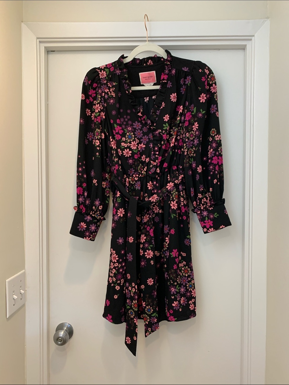 kate spade Black Floral Ruffle-Trim Tie-Waist Dress